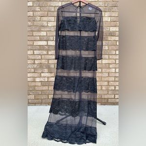 Vintage Blanche by Ralph Montenero Black Long Sheer Lace Slip Dress Nightgown